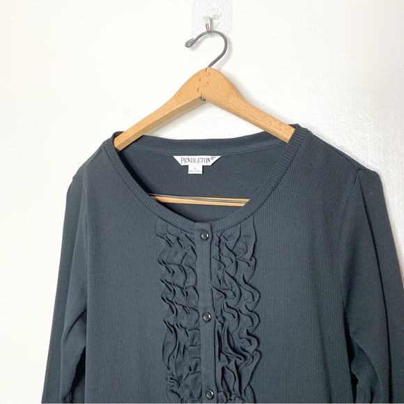 Pendleton Ruffle Button Front Cardigan Top Dark Grey Large L - Picture 3 of 5